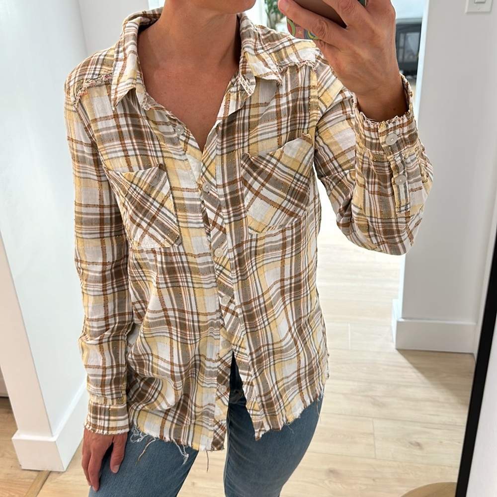 Free People Park Ranger Plaid Crochet Button Down Shirt